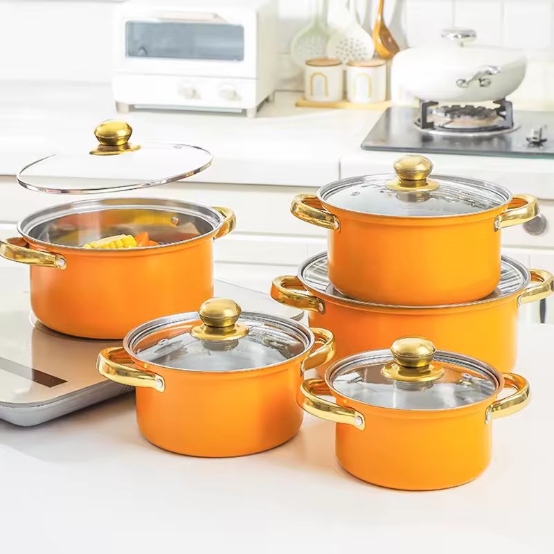 Factory Wholesale 10 Piece Orange Non-Stick Cookware Set Stainless Steel Soup Pot and Pans Kitchen Cooking Pot Set