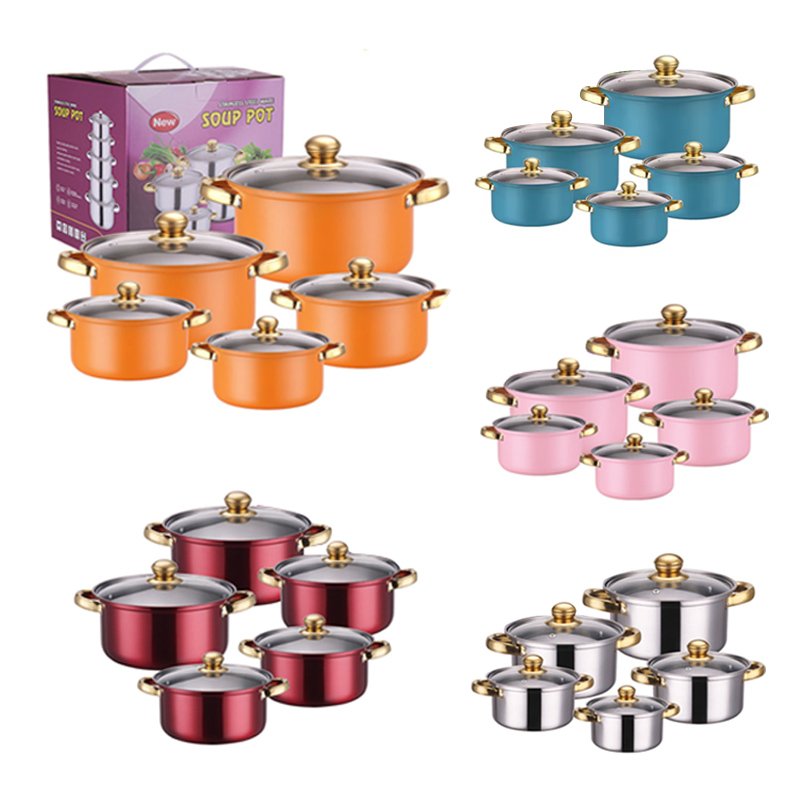 Factory Wholesale 10 Piece Orange Non-Stick Cookware Set Stainless Steel Soup Pot and Pans Kitchen Cooking Pot Set