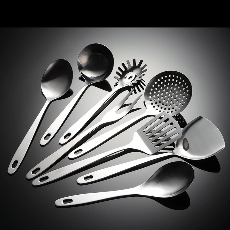 Stainless Steel Flat Handle Kitchenware Set Spatula Spoon Kitchen Utensils Sets Cooking Colander Shovel Soup Spoon Cookware Sets
