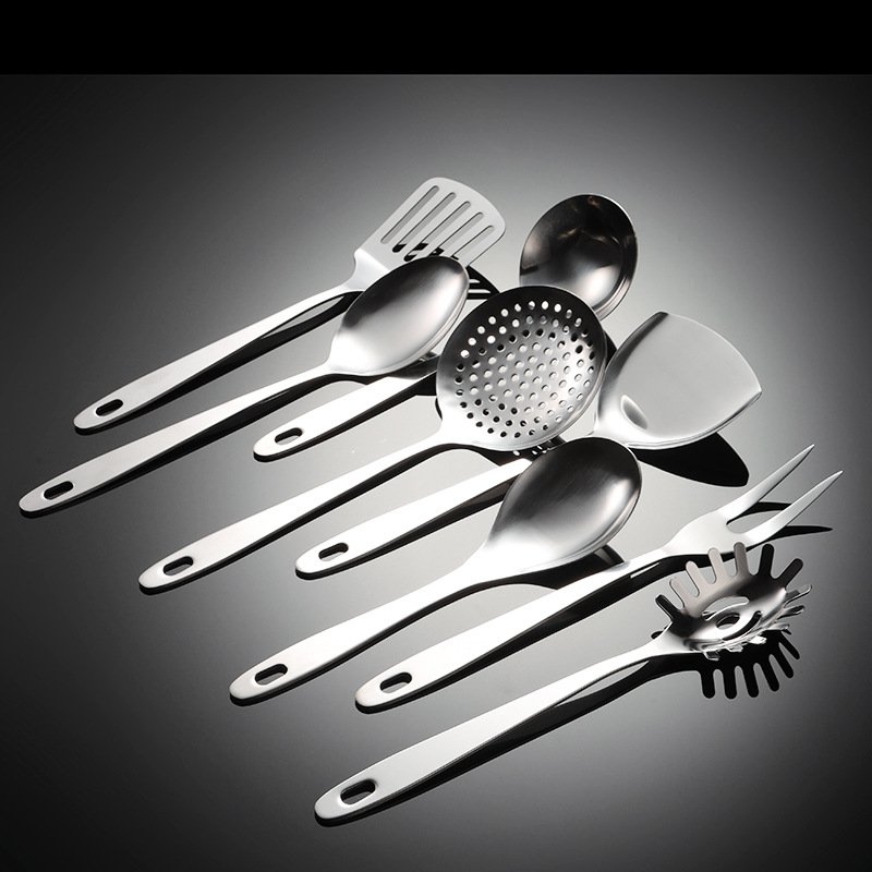 Stainless Steel Flat Handle Kitchenware Set Spatula Spoon Kitchen Utensils Sets Cooking Colander Shovel Soup Spoon Cookware Sets