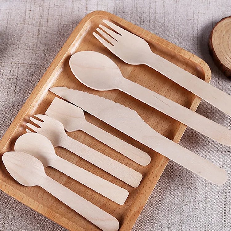Eco Friendly Vintage Travel Wooden Cutlery Set Disposable Wooden Knife and Fork Spoon with Tableware Set for Wedding