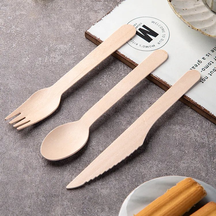Eco Friendly Vintage Travel Wooden Cutlery Set Disposable Wooden Knife and Fork Spoon with Tableware Set for Wedding