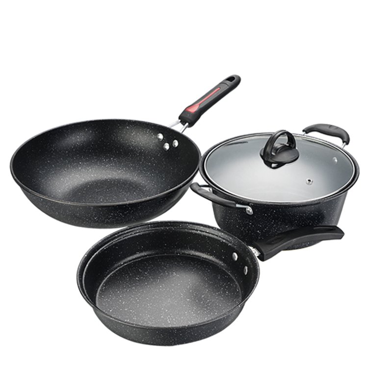 Factory sale 4 pcs carbon steel cookware sets marble coating non stick pan pot set