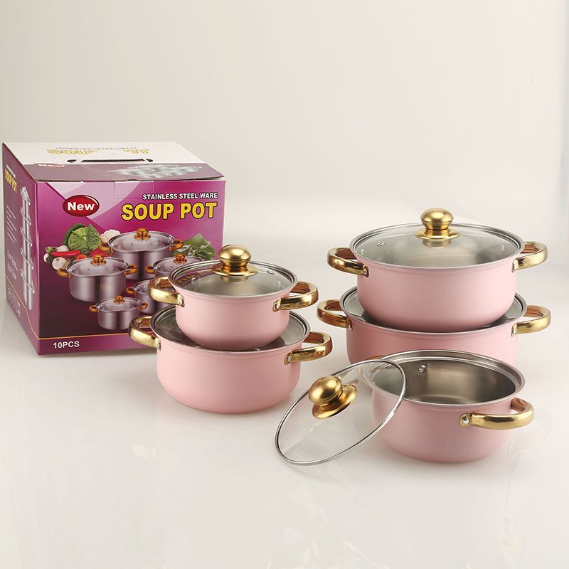 Factory Outlet Wholesale 12-Piece Cookware Set Stainless Steel Soup Pots Casseroles Glass Induction Compatible Pan Set Kitchen