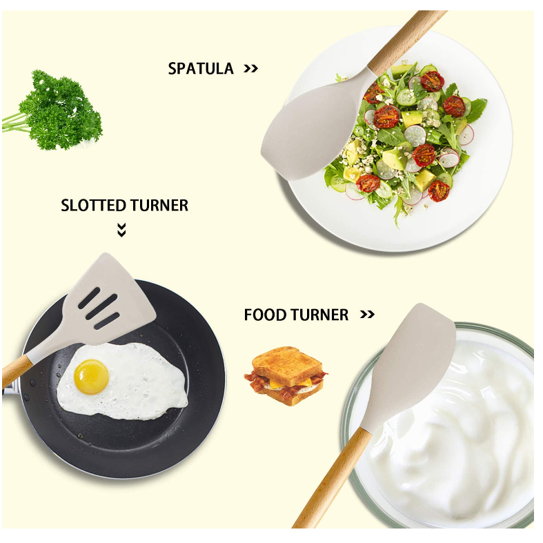 17 Pcs Silicone Cooking Kitchen Utensils Set with Holder, Wooden Handles BPA Free Non Toxic Silicone Turner Tongs Spatula Spoon