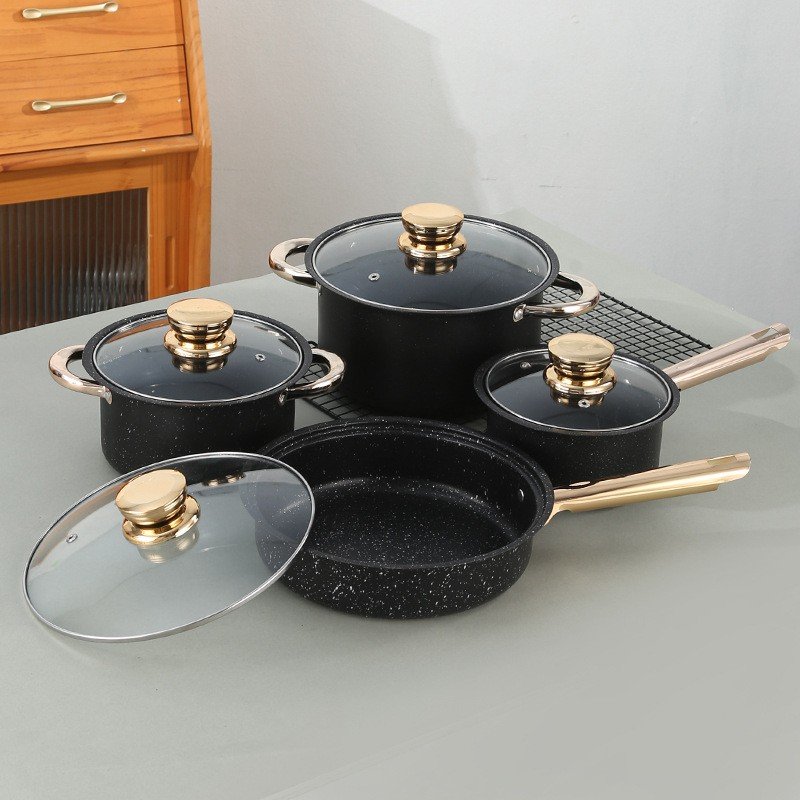 8 sets YF01 stainless steel non-stick cookware set Thickened stockpot milk pot frying pan gold-plated handle cookware