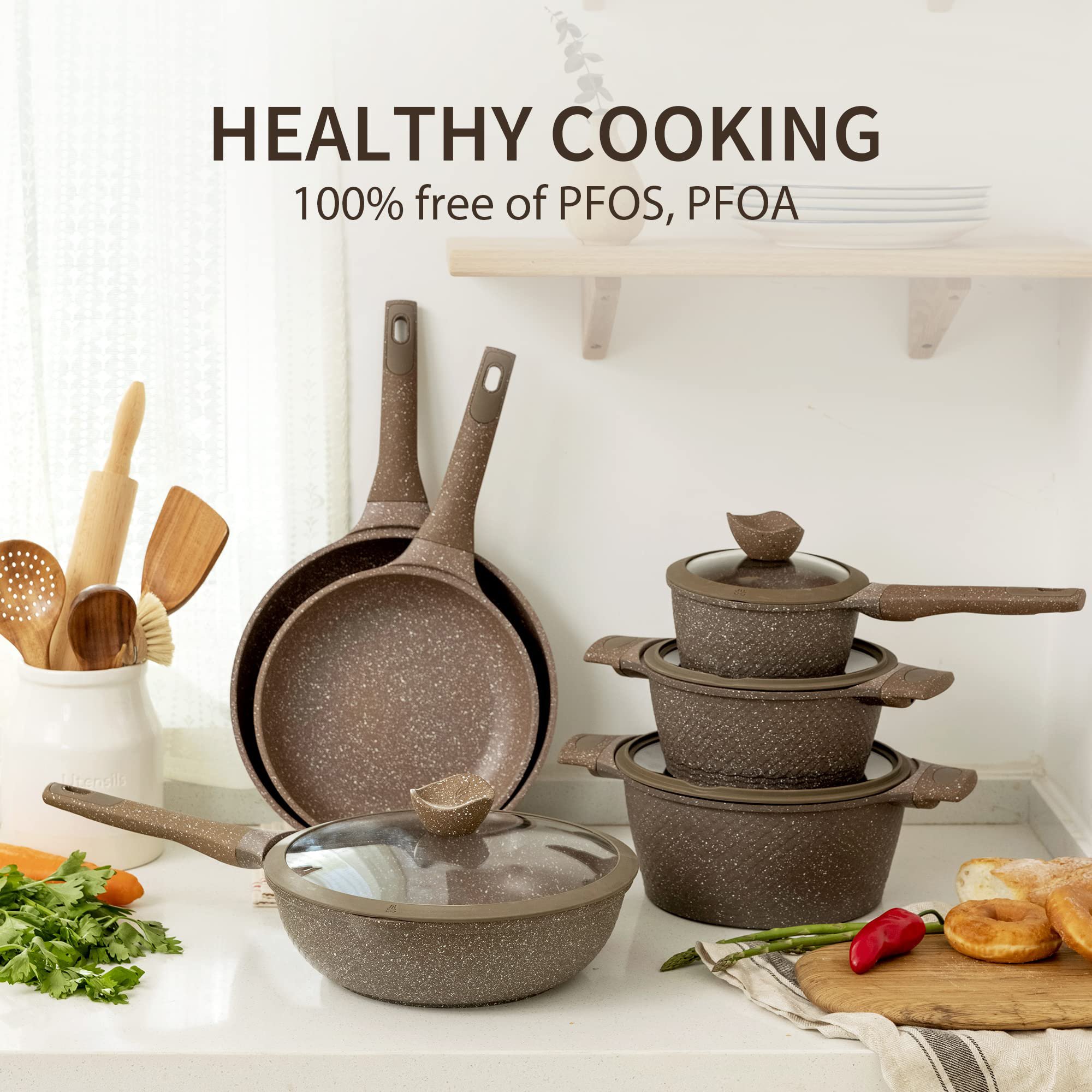 Pots and Pans Non-Stick Cookware Set Induction Kitchen Cookware Sets, 10 Pcs Non Stick Cooking Set With Silicone Lid