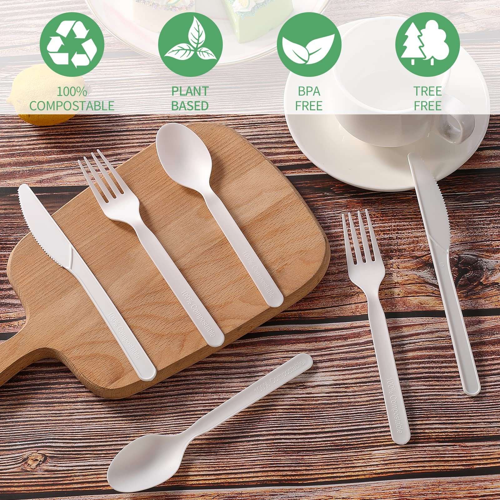 Eco Friendly Disposable Cutlery Set Pla Plastic 100% Biodegradable Compostable Pla Cookware Set
