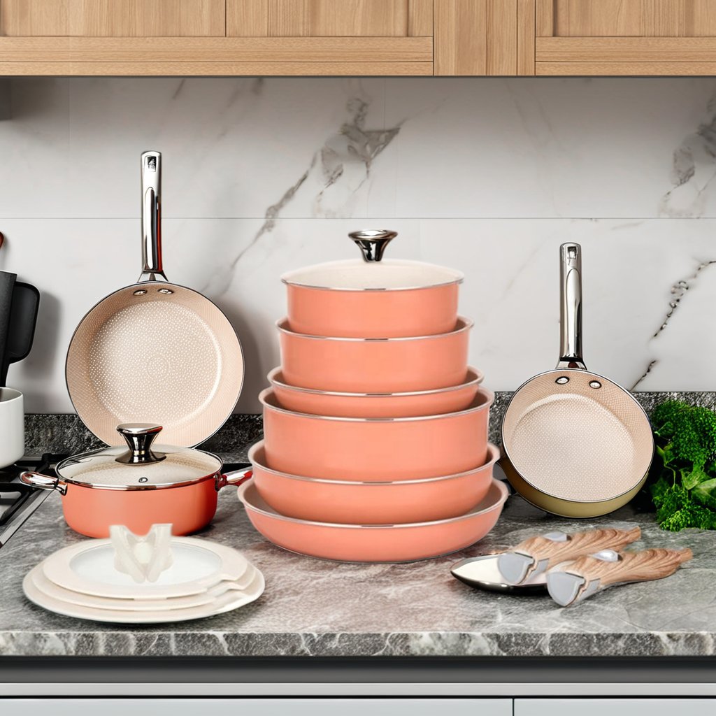 13pcs nonstick coating pressed aluminium detachable handle cookware set with silicone lid Oven saft