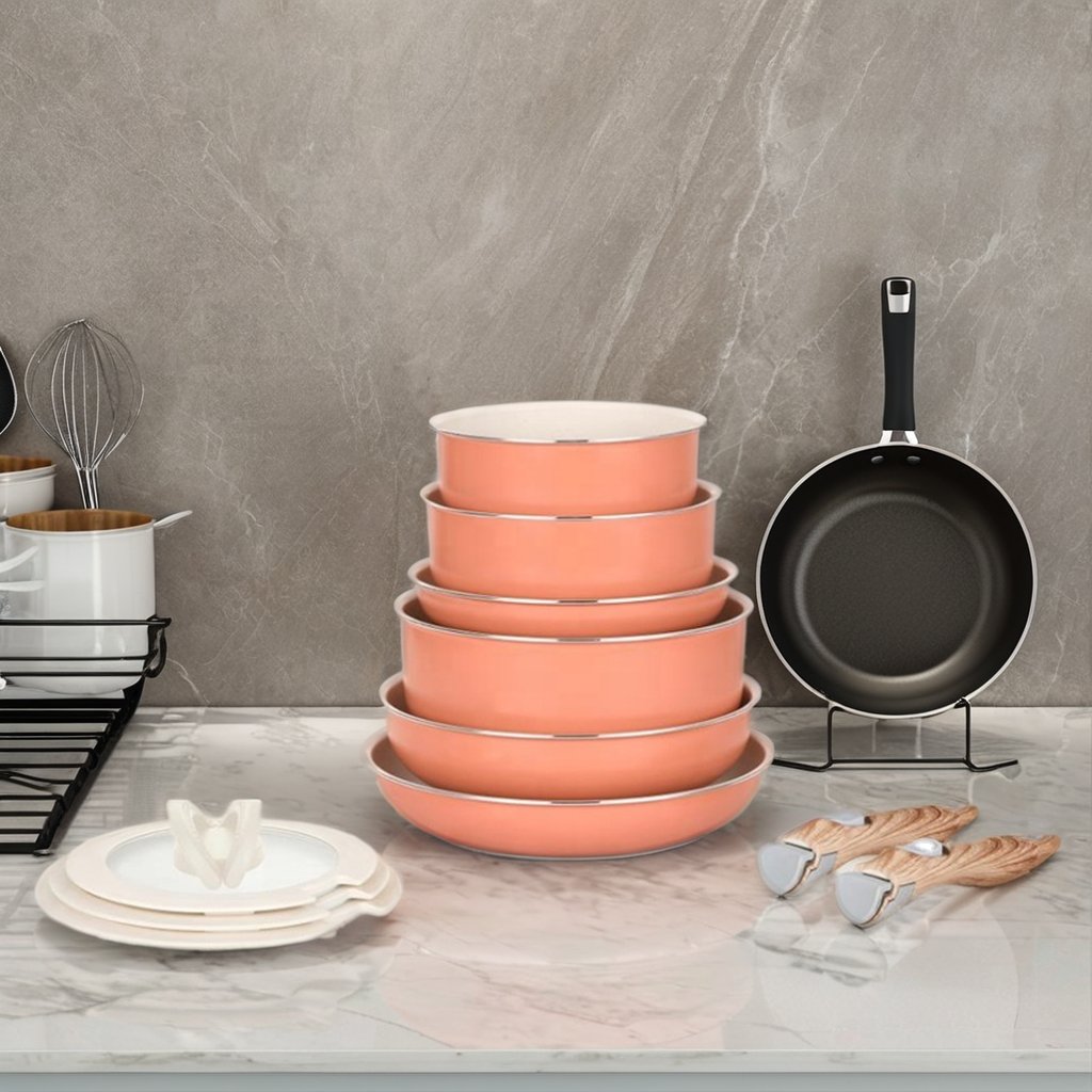 13pcs nonstick coating pressed aluminium detachable handle cookware set with silicone lid Oven saft