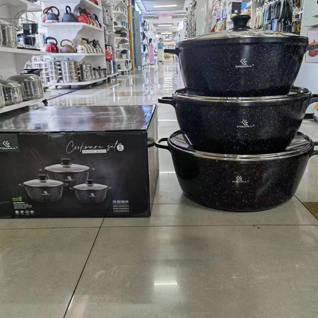 European High-Grade 6-Piece Aluminum Fry Pan Set 36-40-44CM Water-Based Non-Stick Stone Coating Tempered Glass Kitchen Cookware