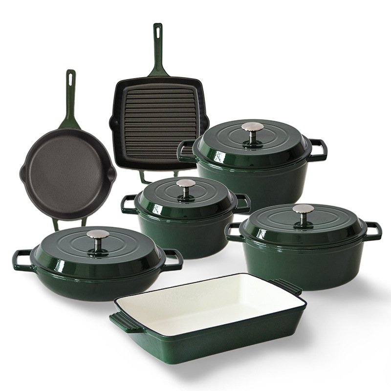 Enameled Cast Iron Cookware Set Non-Stick Ceramic Coated Cast Iron Skillet Saucepan and Dutch Oven and Oven Safe Army Green