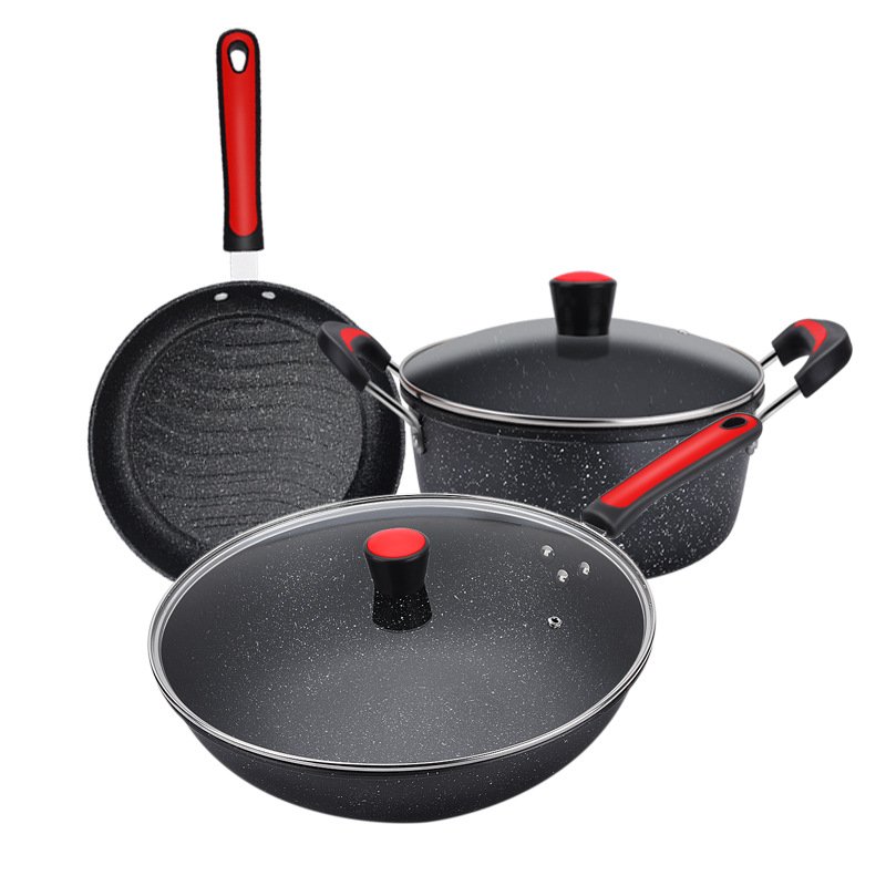 High Quality Cast Iron 3 Piece Cookware Set Multi-Function Maifan Stone Non-Stick fry pan and casserole set