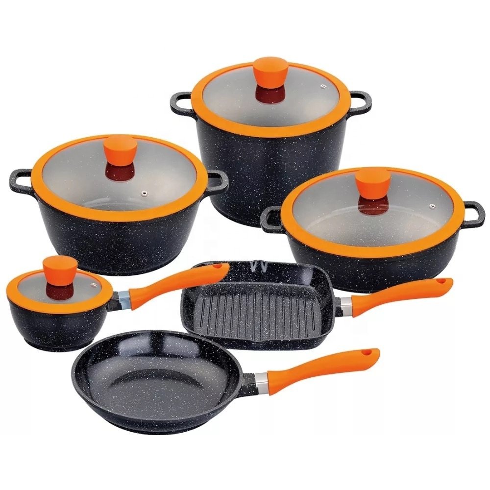 10pcs cast aluminium ceramic marble cookware set with silicone glass lid
