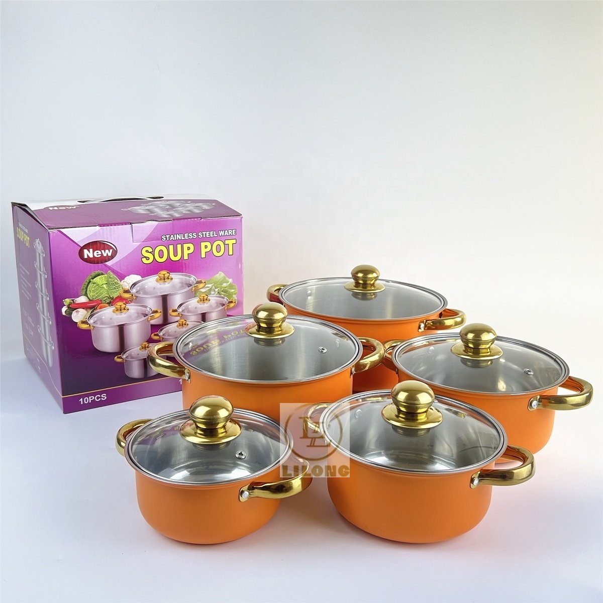 Stainless steel kitchenware 10pcs set cookware set stock pot with glass lid