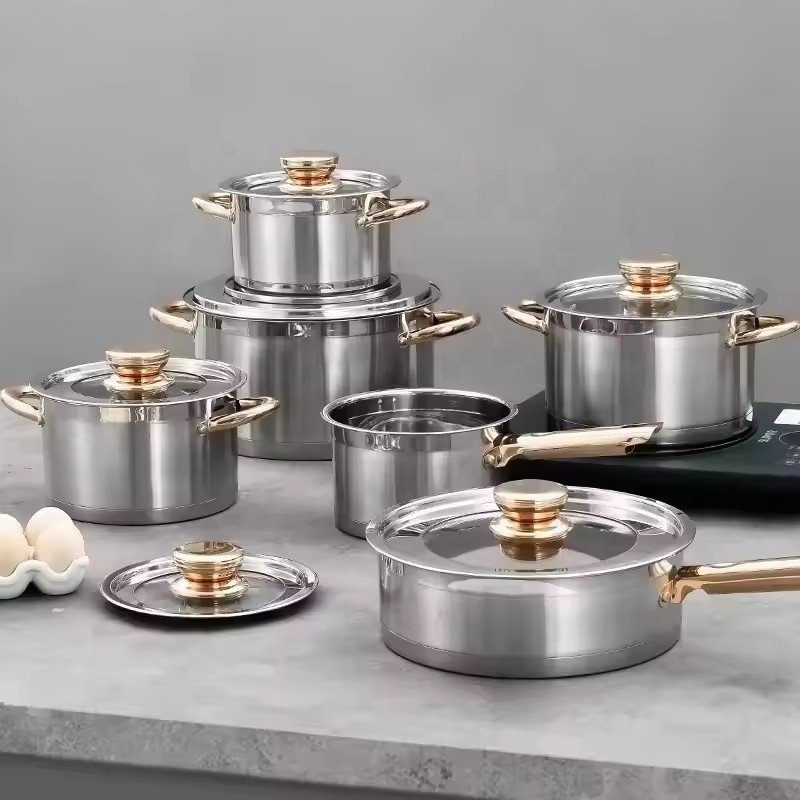 Hot Sale Golden handle Stainless steel Cookware Set 12Pcs Nonstick Kitchen Cooking Pots and Pans Pot Set