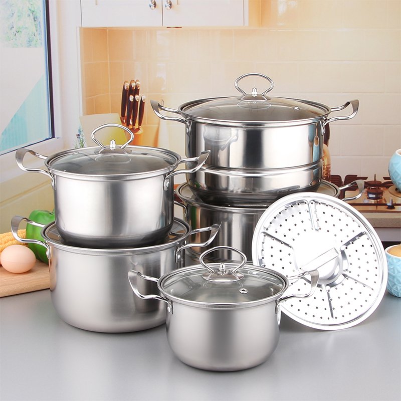 12PCS Stainless Steel Cooking Pots Steamer Pots Sets Kitchenware Stainless Steel Steam Pots Cookware Sets Bread Steamer