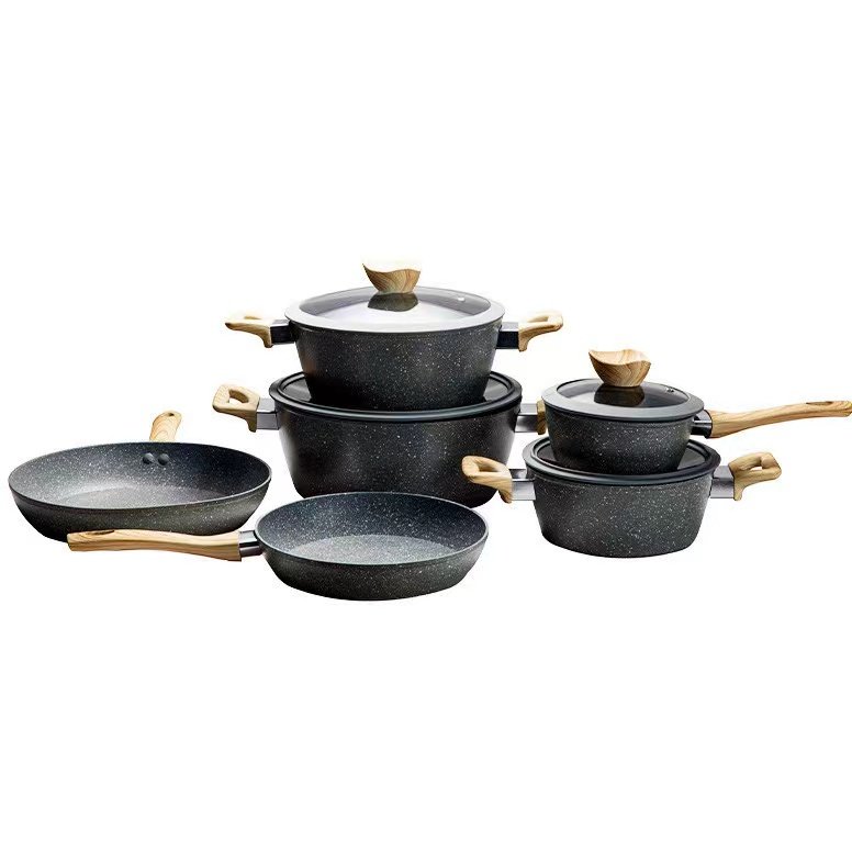 Home Party 10 pieces Kitchen Accessories Set Cookware New Arrival Home Use Aluminium Alloy Wooden Handle Nonstick Cookware Sets