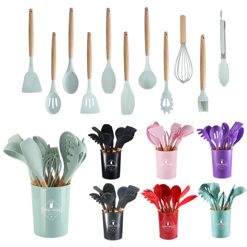 Wholesale Wooden Handle Cooking Tools Custom 12 Pcs Silicone Kitchen Cookware Utensils Spatula sets