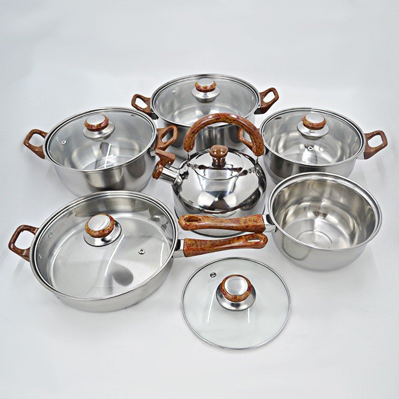 cheap 12pcs kitchenware soup pot stainless steel casseroles juego de ollas fry pan stock pots cookware set with whistling kettle