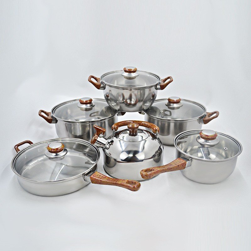 cheap 12pcs kitchenware soup pot stainless steel casseroles juego de ollas fry pan stock pots cookware set with whistling kettle