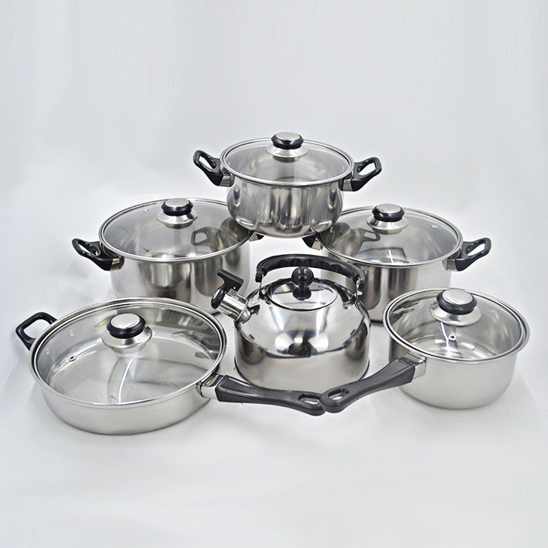 cheap 12pcs kitchenware soup pot stainless steel casseroles juego de ollas fry pan stock pots cookware set with whistling kettle