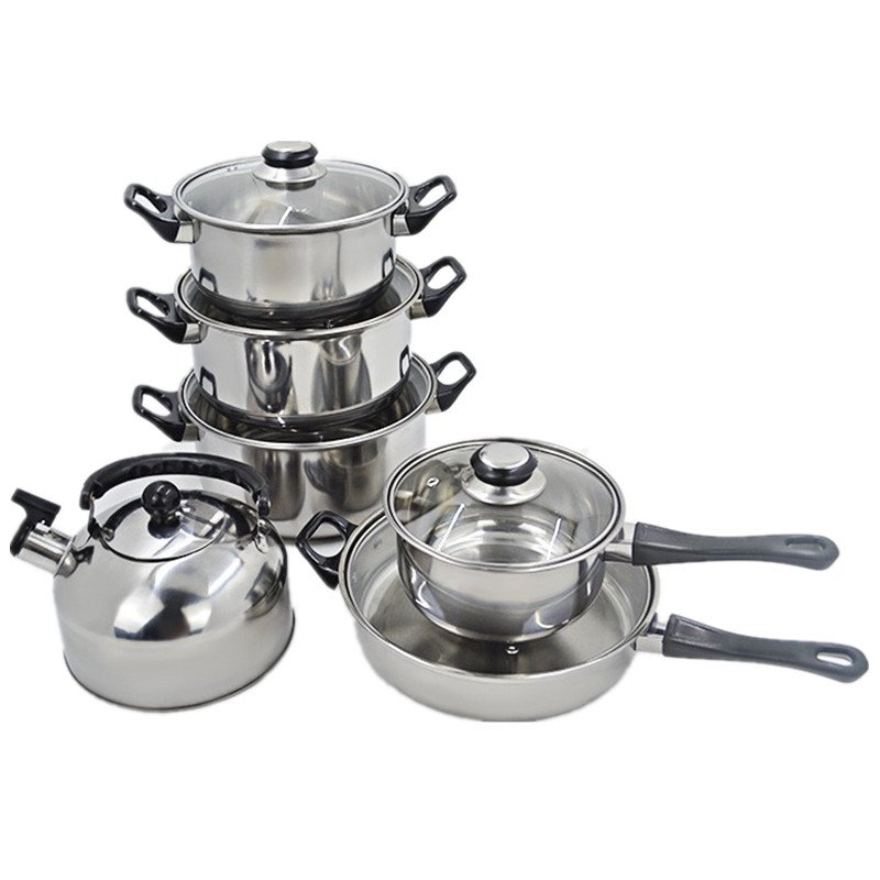 cheap 12pcs kitchenware soup pot stainless steel casseroles juego de ollas fry pan stock pots cookware set with whistling kettle