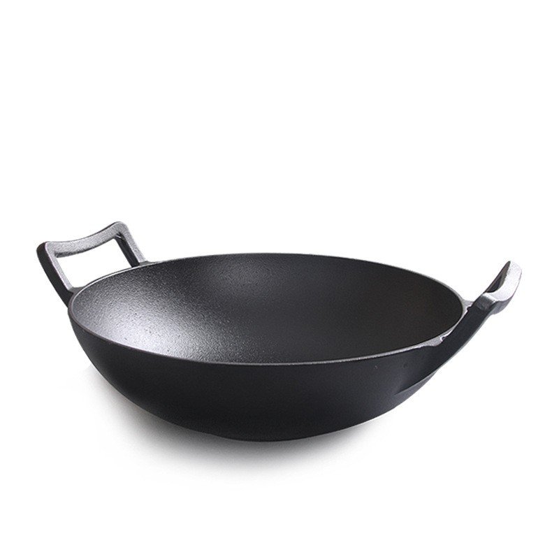 Chinese Traditional wok pan 32/36cm Large round black non stick Flat base Cast Iron Wok with double handle