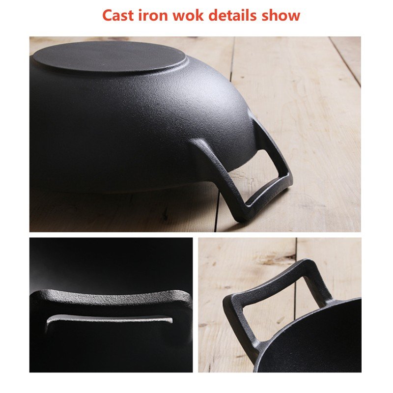 Chinese Traditional wok pan 32/36cm Large round black non stick Flat base Cast Iron Wok with double handle