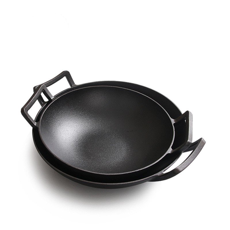 Chinese Traditional wok pan 32/36cm Large round black non stick Flat base Cast Iron Wok with double handle