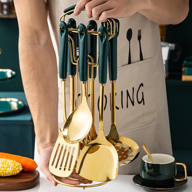 Nordic Light Luxury Seven Piece Set Ceramic Handle Stainless Steel Cookware Sets Durable Shovel Spoon Soup Kitchenware Set