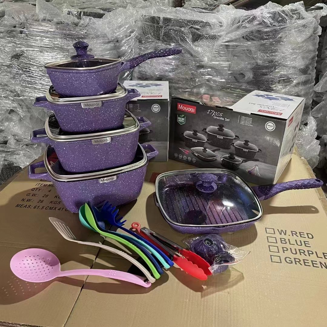 17-Piece Aluminum Kitchenware Cook Set Non-Stick Ceramic Coating Pots Casserole Stainless Steel Glass Metal-Durable Cookware