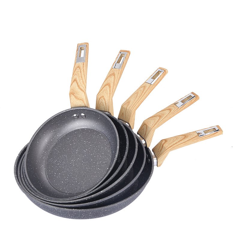 Hot Selling Nice quality Wooden Handle Non-Stick Frying Pan Skillet Granite Coating Egg Pan Healthy Stone Cookware Pan