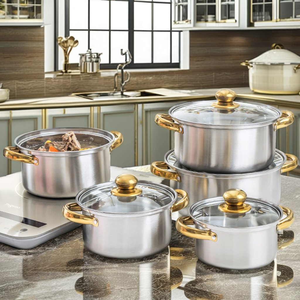 10-Piece Kitchen Cast Iron Non-Stick Cookware Set Soup & Stock Pots with Stainless Steel Hot Food Warmer Cooking Metal Material