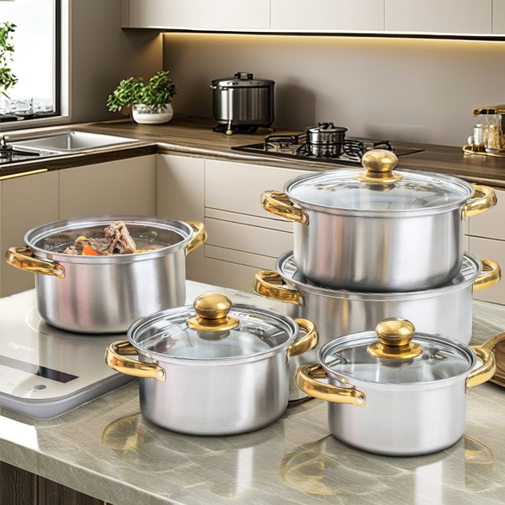 10-Piece Kitchen Cast Iron Non-Stick Cookware Set Soup & Stock Pots with Stainless Steel Hot Food Warmer Cooking Metal Material