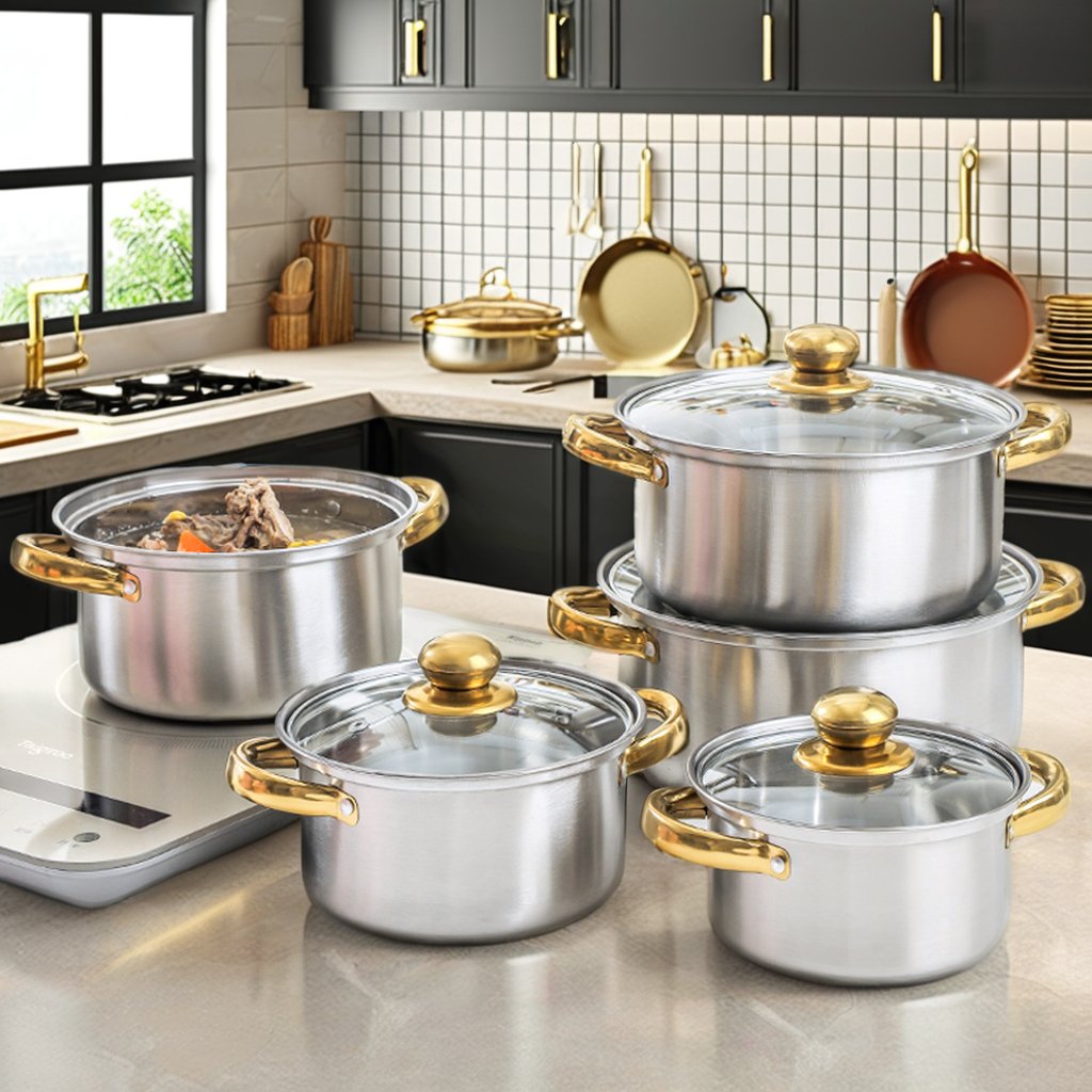 10-Piece Kitchen Cast Iron Non-Stick Cookware Set Soup & Stock Pots with Stainless Steel Hot Food Warmer Cooking Metal Material