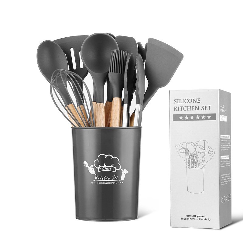Non-Stick Silicone Kitchenware Cooking Tools 12 Pieces in 1 Set Silicone Kitchen Accessories With Wooden Handles