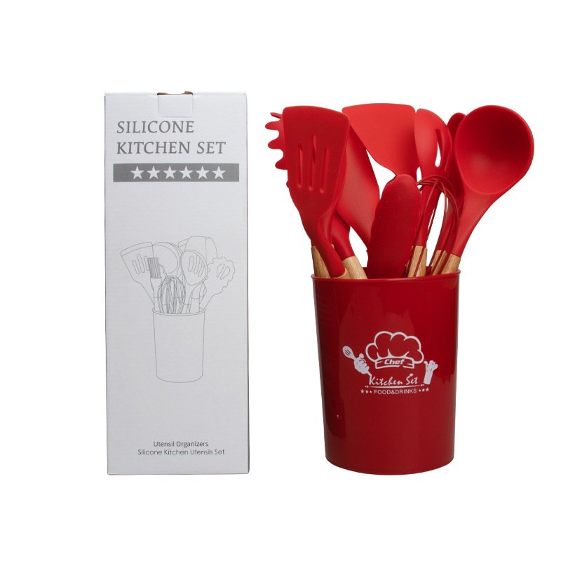 Non-Stick Silicone Kitchenware Cooking Tools 12 Pieces in 1 Set Silicone Kitchen Accessories With Wooden Handles