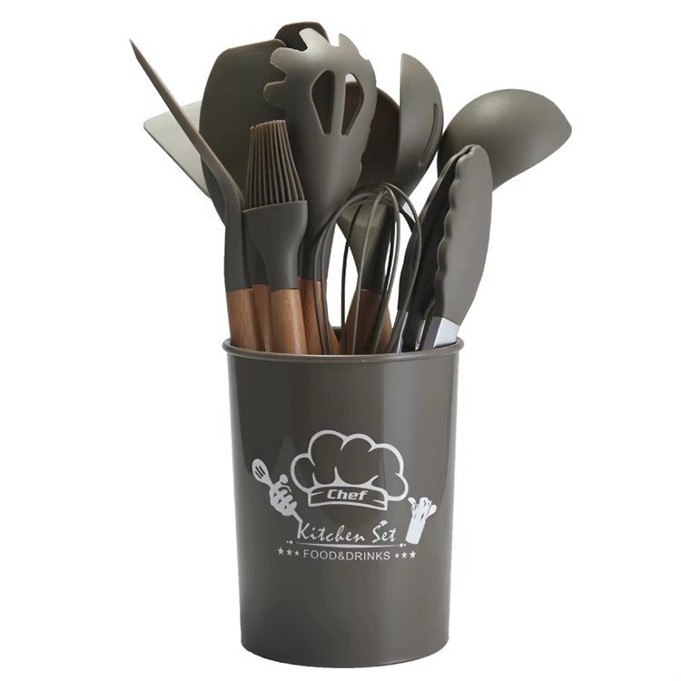 Non-Stick Silicone Kitchenware Cooking Tools 12 Pieces in 1 Set Silicone Kitchen Accessories With Wooden Handles