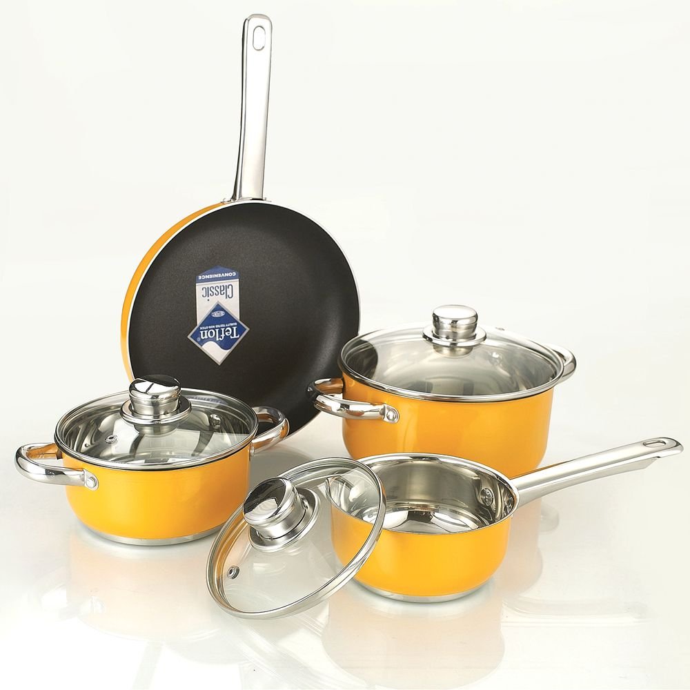 7-piece colorful painting yellow color stainless steel cookware set with glass lids non-stick fry pans