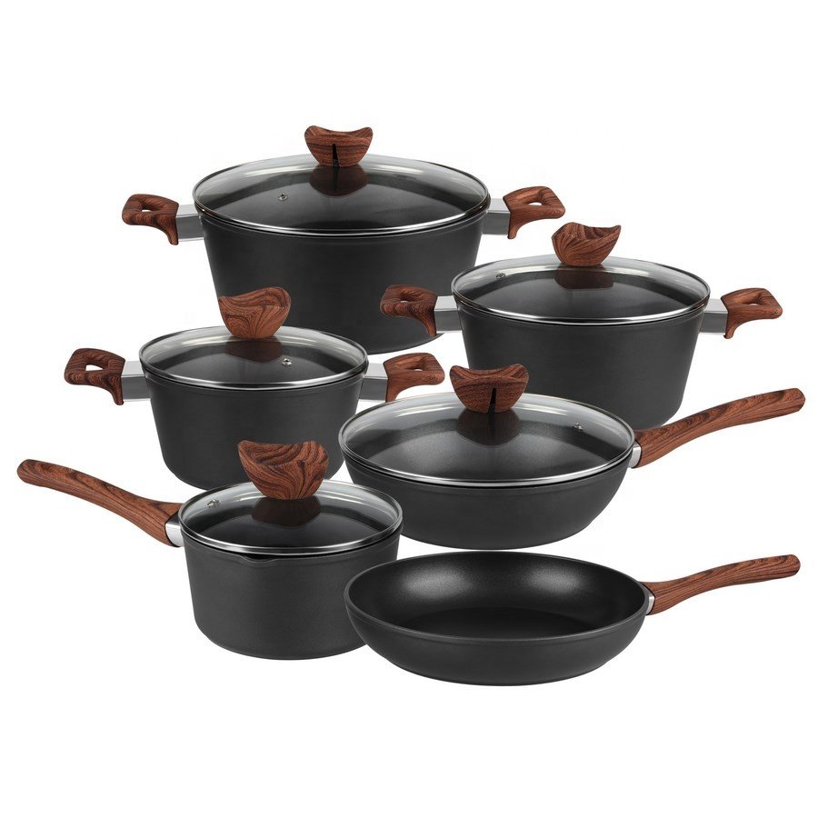 masterclass premium home kitchen cookware sets 3-Layes nonstick aluminum aluminium wooden painted handles cookware set