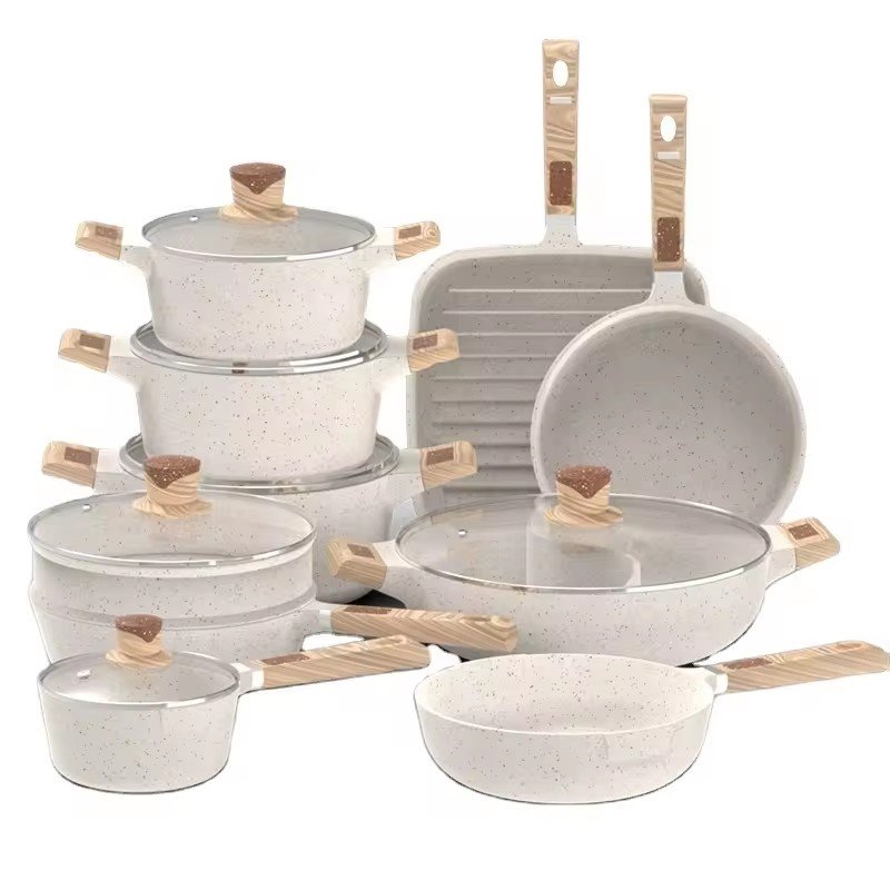 ASSMILE OEM Die Cast Aluminum White Marble Non Stick Pots And Pans With Wooden Handle Cookware Sets