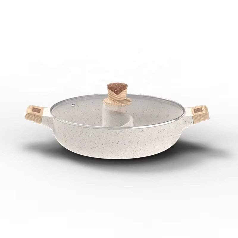 ASSMILE OEM Die Cast Aluminum White Marble Non Stick Pots And Pans With Wooden Handle Cookware Sets