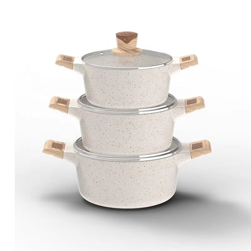 ASSMILE OEM Die Cast Aluminum White Marble Non Stick Pots And Pans With Wooden Handle Cookware Sets