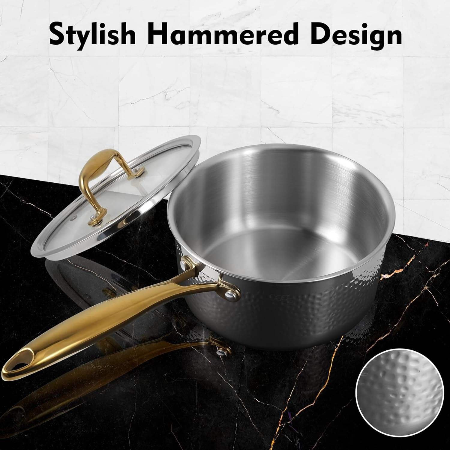 Stainless Steel Pots and Pans Set 10-Piece Tri-Ply Hammered Stainless Steel Cookware Set with Gold Handle