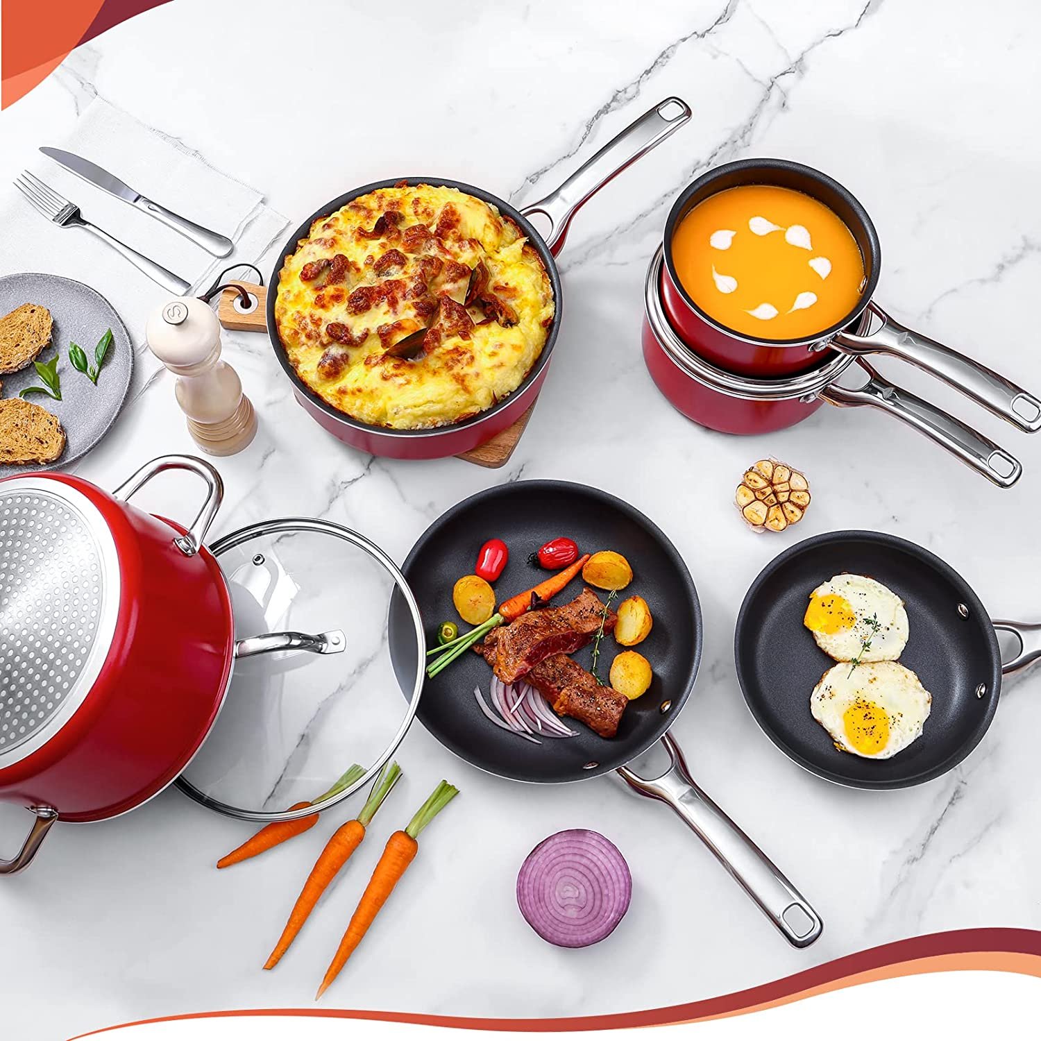 hot selling High Quality Nonstick Induction Cookware Set, Pots and Pans Set Nonstick 10pcs, Kitchen Cooking Pots red