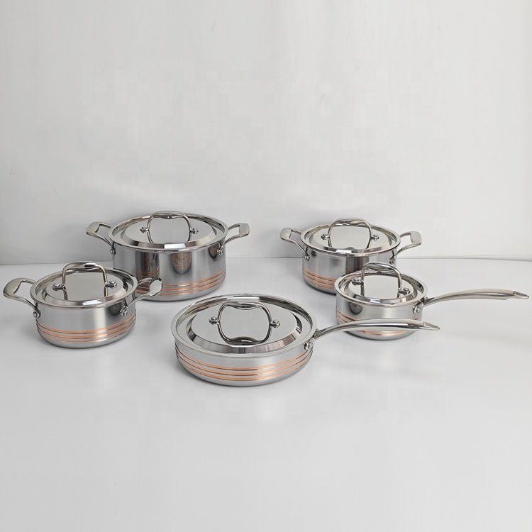 Surgical stainless steel oilless cookware set 5 ply waterless cookware 10pcs 5 Ply copper core cookware set