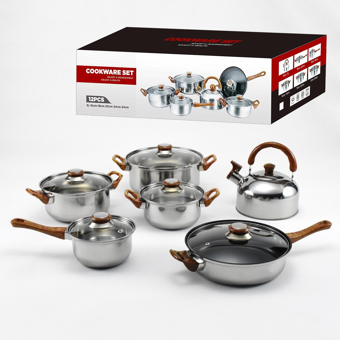 2024 New 12 Pcs Set Thickened Cookware Non-stick Stainless Steel Pots And Pans With Kettle