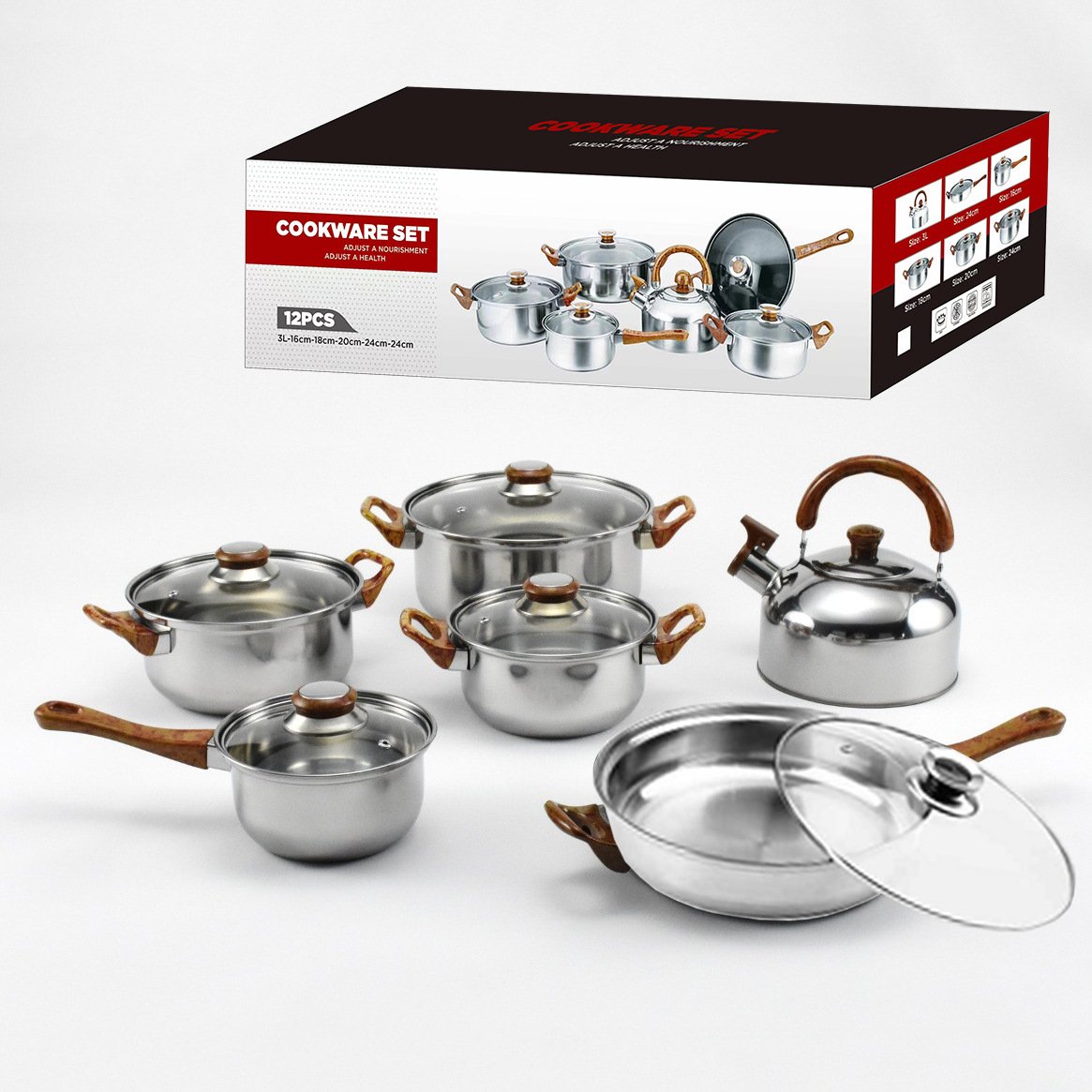 2024 New 12 Pcs Set Thickened Cookware Non-stick Stainless Steel Pots And Pans With Kettle