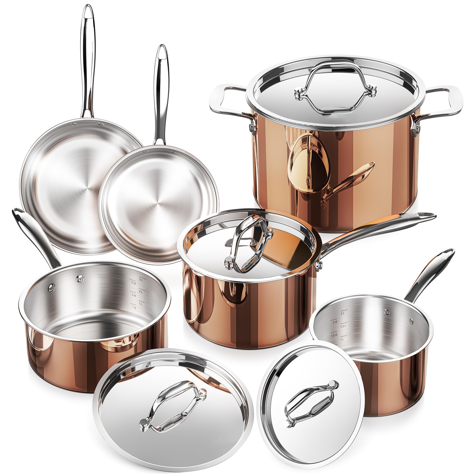 Tri-ply Stainless Steel Pot and Pan Set 10 Piece Copper Pots and Pans Set with Stainless Steel Lid Induction Cookware Set